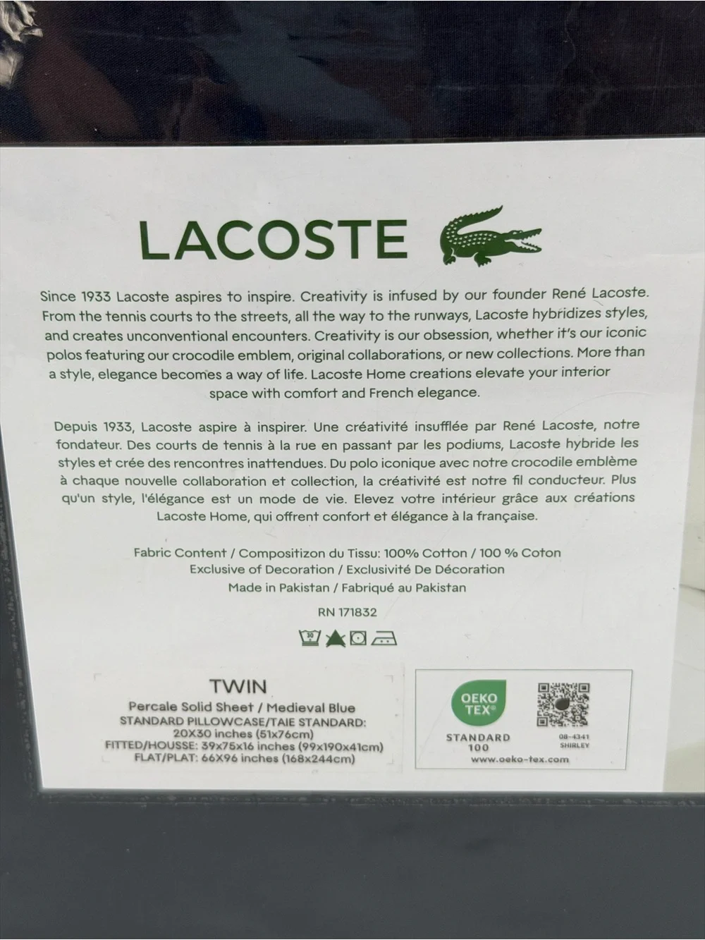 Lacoste Twin Sheet Set 3 Piece 100% Cotton Percale Medieval Blue Crocodile